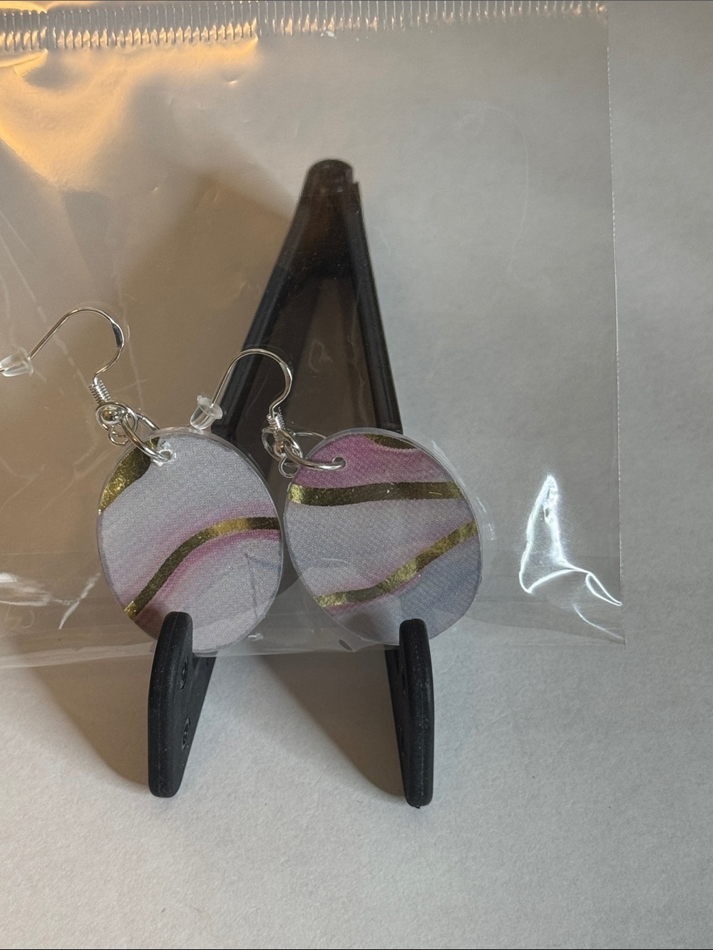 Pink and White Swirl Drop Earrings with Gold Accents